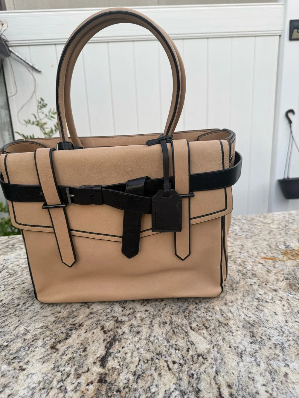Men's Leather Tote Bag in Beige with Black Trim